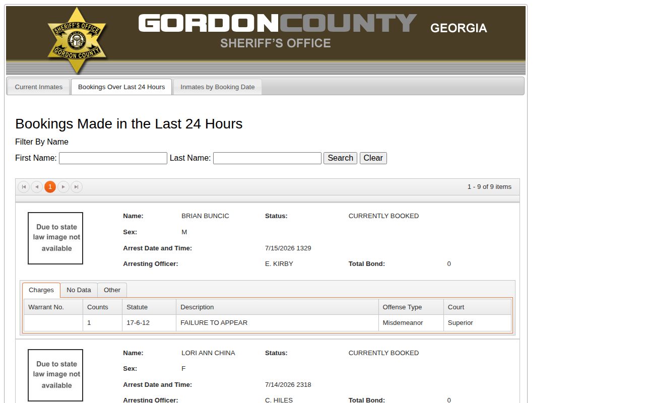 Gordon County 24-hour booking view for recent release research