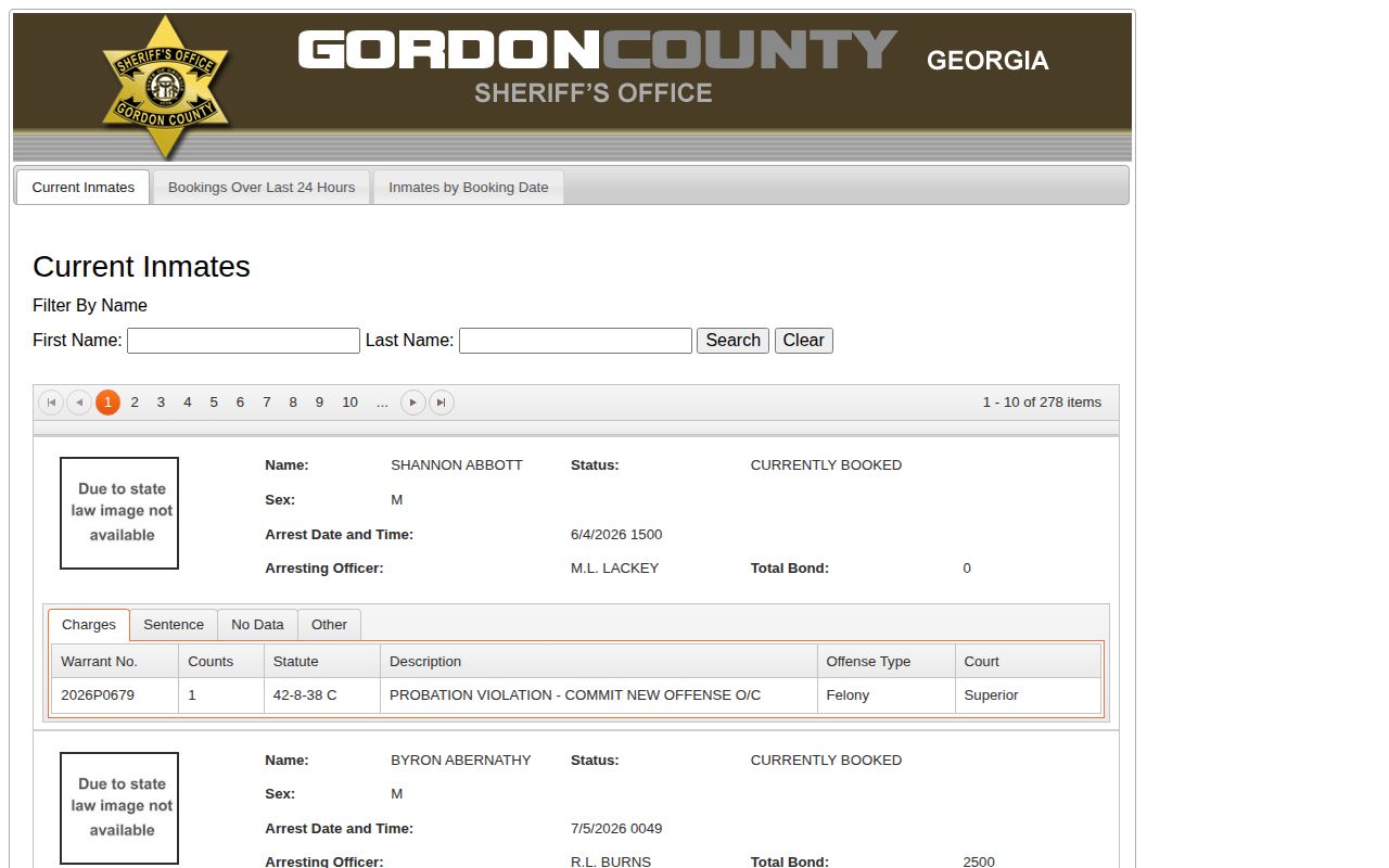 Gordon County 72-hour booking-date search for release record research
