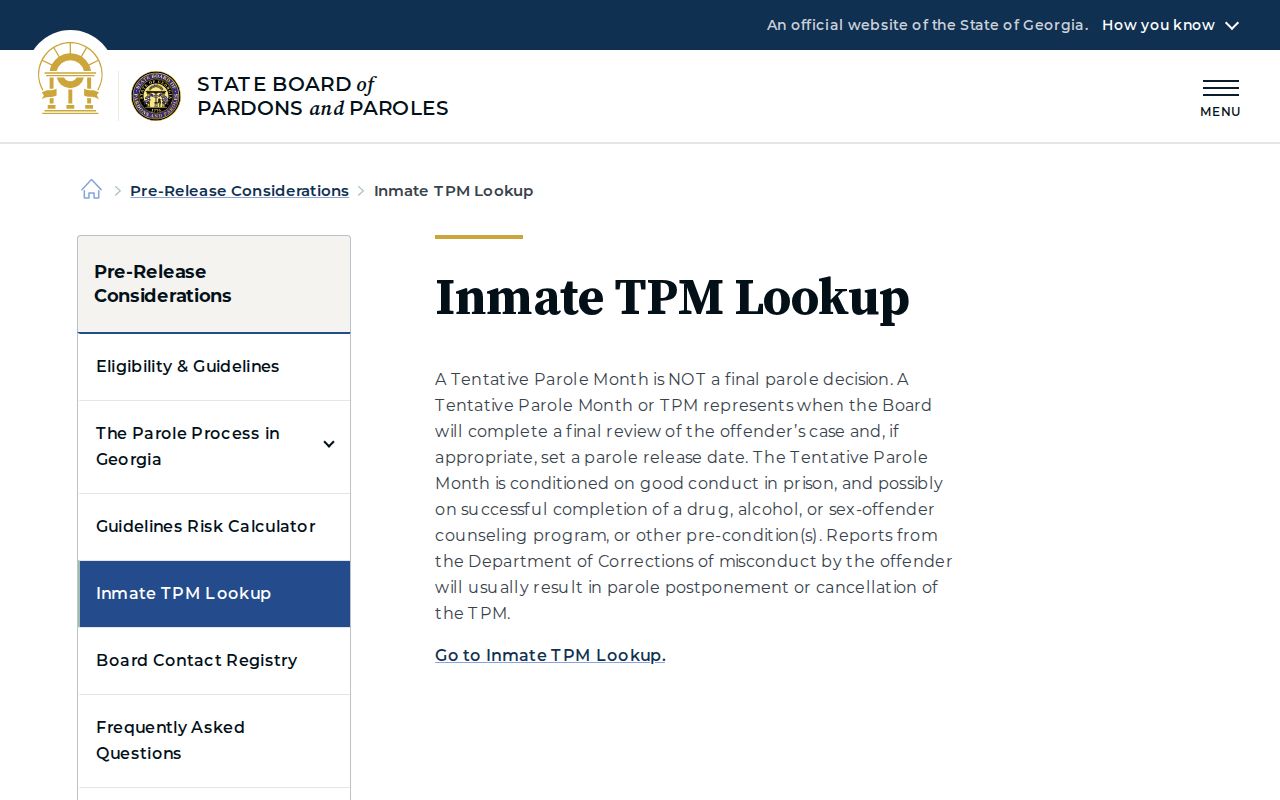 Gordon County projected release date TPM lookup guidance